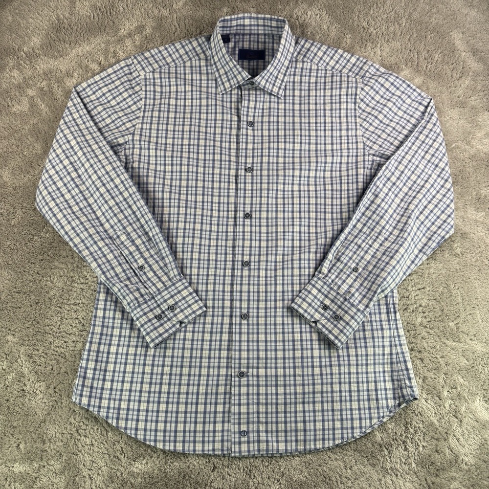 David Donahue Dress Shirt Mens Medium Blue Plaid Check 100%‎ Cotton Button Front